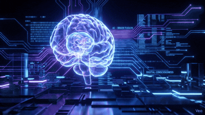 近未来的なAIのイメージ画像、または脳とデジタルがつながるようなイメージ