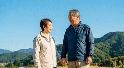 明るい未来を想像させる、青空や夫婦で笑い合っているイメージ